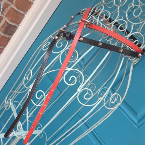 2 Belts Genuine Leather Thin Studded with Spikes Metal Studs Grommets Rivet BOGO - Picture 10 of 16